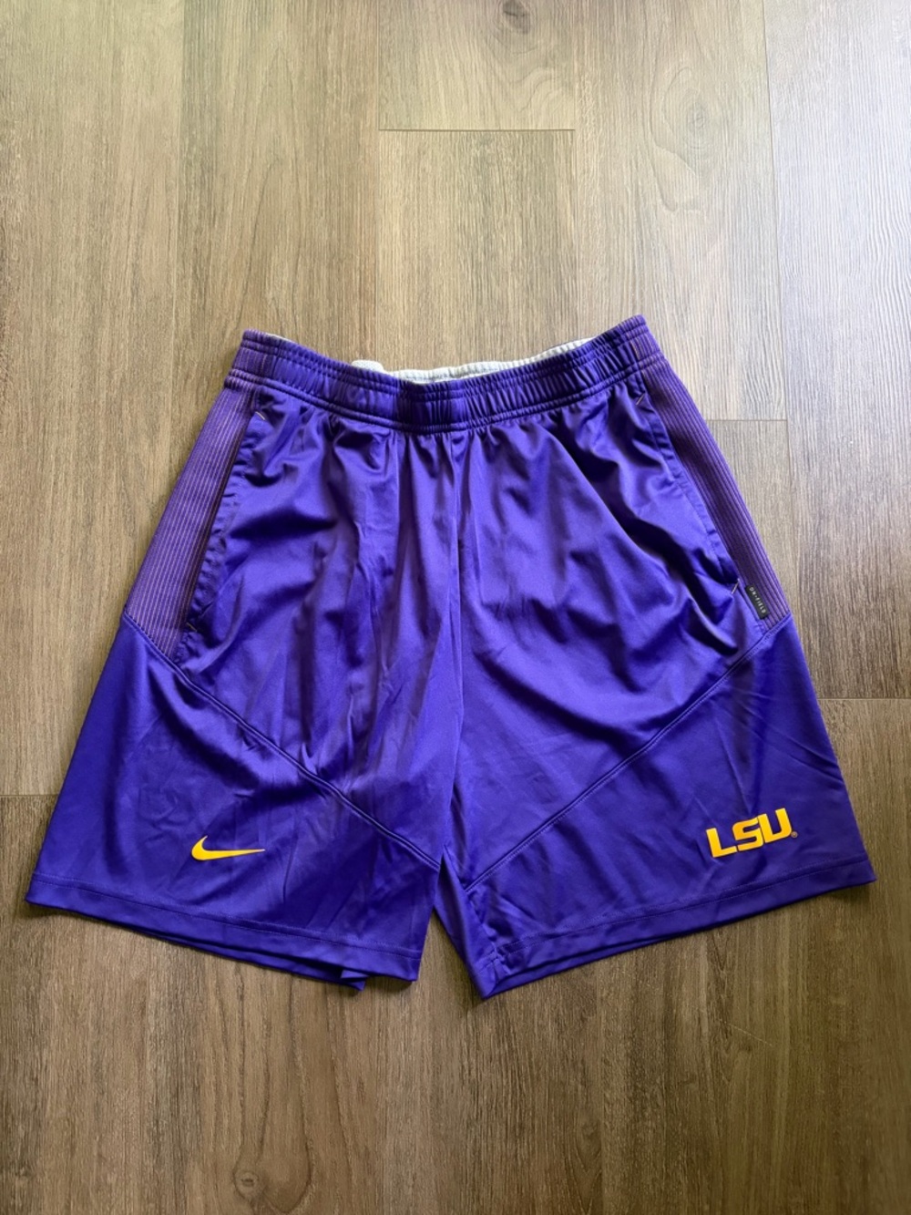 Nike Men's Purple LSU Athletic Shorts with Yellow Accents